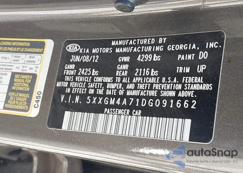 2013 Kia Optima Lx z USA, uszkodzony, nr VIN 5XXGM4A71DG091662